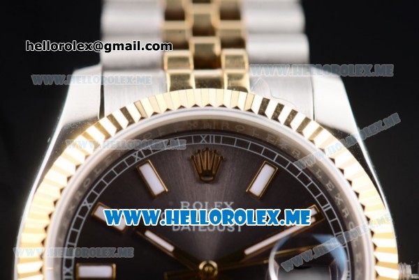 Rolex Datejust Clone Rolex 3135 Automatic Two Tone Case/Bracelet with Grey Dial and Stick Markers (BP) - Click Image to Close